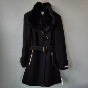 CALVIN KLEIN Black Faux Fur Collar Asymmetric Zipper Size 10